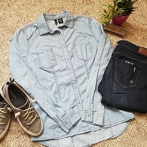 Long sleeved button down jean shirt